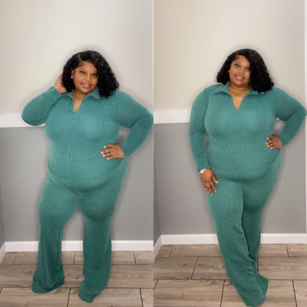 “YASMINE” ribbed pant set(green)